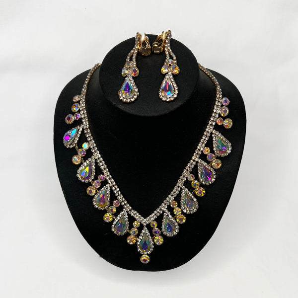 Aurora Borealis Crystal Bubbly Teardrop Gold Necklace and Clip-On Earring Set
