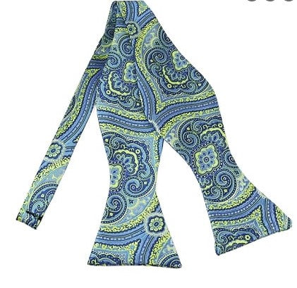Lime Green and Steel Blue Paisley Self Tie Bow Tie