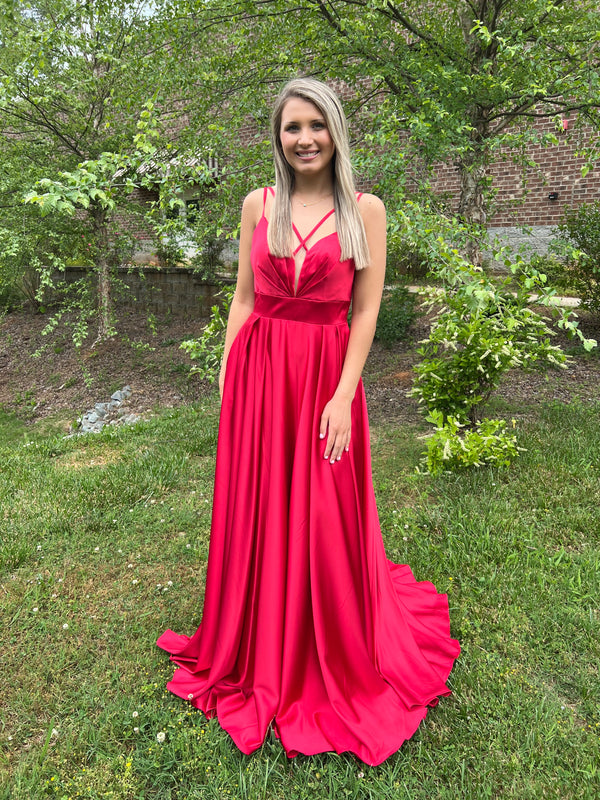 Dave & Johnny 10256 Red Satin Slim A-Line Dress