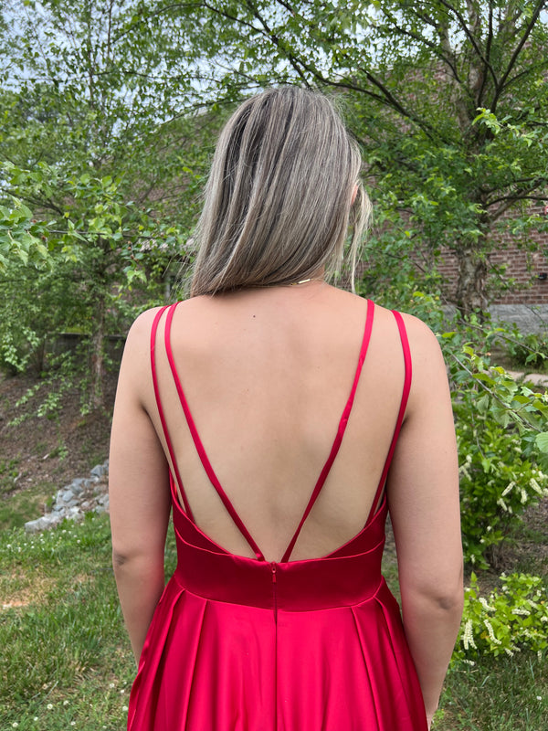 Dave & Johnny 10256 Red Satin Slim A-Line Dress