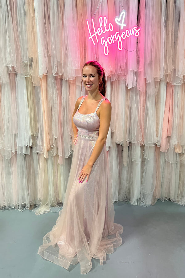 Dave & Johnny 10576 Soft Pink A-Line Dress with Tulle Overlay