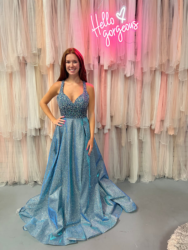 ENVIOUS Couture 1729 Steel Blue Shimmer Halter A-Line Dress with Slit
