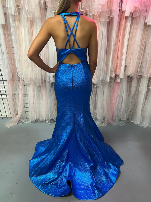 ENVIOUS Couture 1741 Royal Blue Shimmer Fit-N-Flare Dress with Slit - Size 8