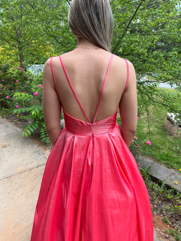 ENVIOUS Couture 1753 Coral V-Neck Taffeta Ballgown with Pockets