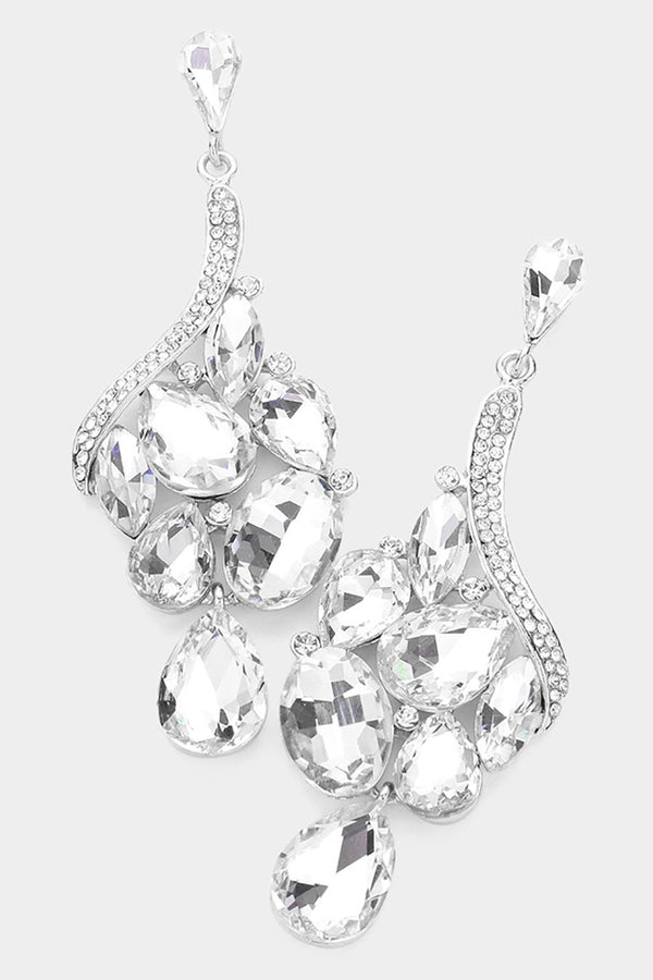 Clear Crystal Multi Stone Cluster Dangle Silver Evening Earrings