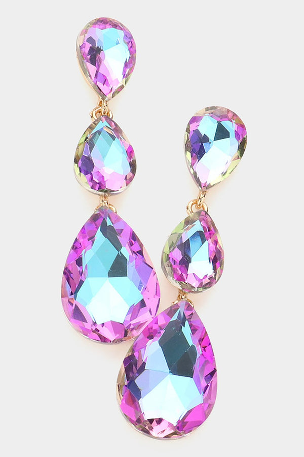 Triple Glass Crystal Teardrop Earrings - Fuchsia, Aqua, Violet, Light Pink or Gunmetal