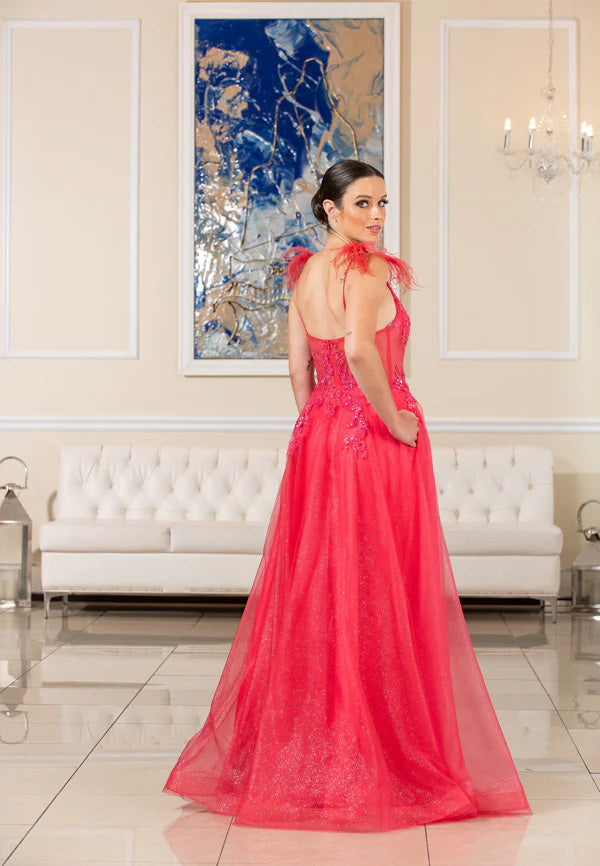 FLAIR PROM 24743 Fuchsia A-Line Tulle Dress with Slit - Size 10
