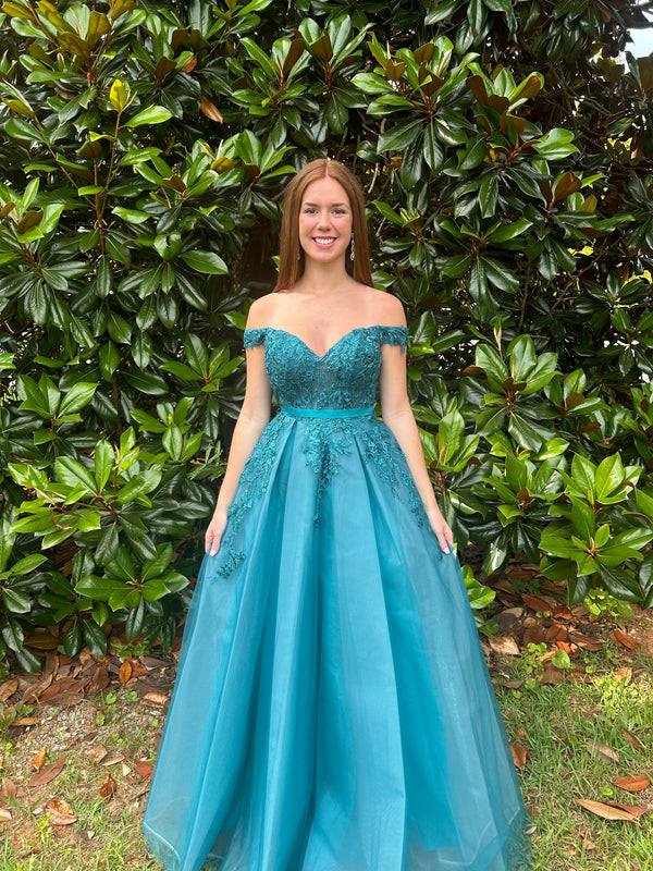 FLAIR Prom 24766 Pine Green Off The Shoulder A-Line Dress