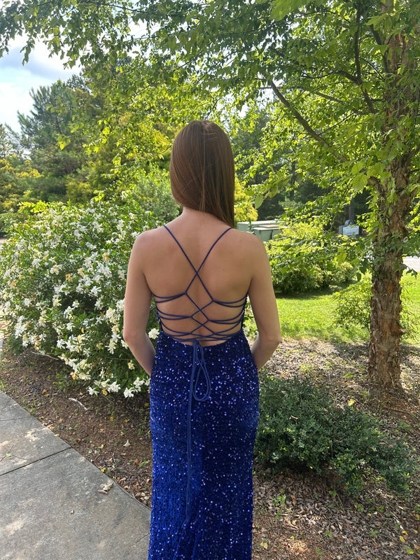 FLAIR Prom 24740 Royal Blue Sequin Sheath Dress with Slit and Train