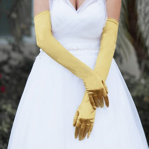 Gold Stretch Satin Opera Length Ladies Gloves
