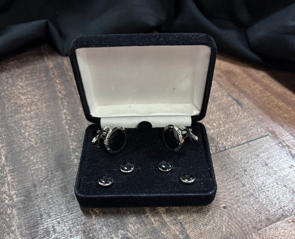 Black Onyx with Silver Round Detail Stud and Cufflink Set