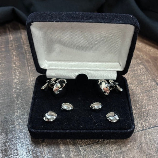 Military Style Silver Smooth Stud and Cufflink Boxed Set
