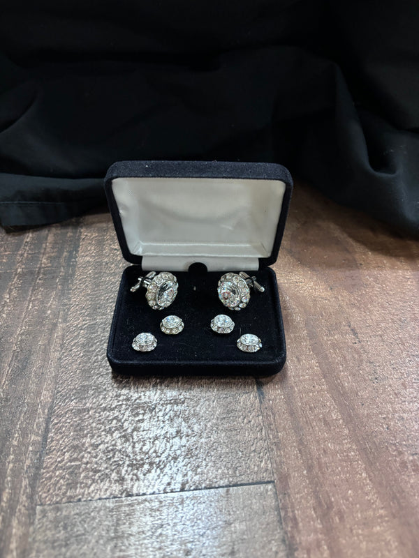 Silver Crystal Rhinestone Stud and Cufflink Set