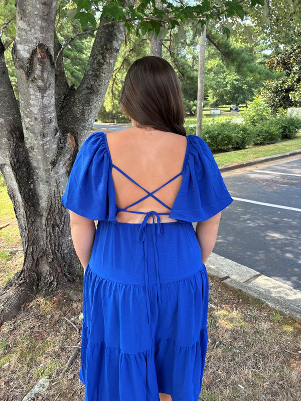 Under The Stars Royal Blue Midi Dress with Tie Back - Small