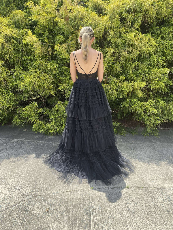 COLETTE 12281 Hi-Low Layered Tulle A-Line Dress - Black size 0  or  Red size 8