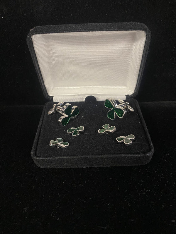 Silver and Green Clover New Boxed Stud and Cufflink Set