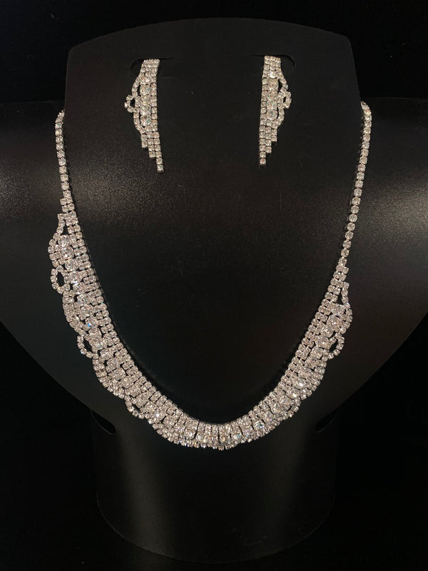 Bubble Stone Round Rhinestone Silver Necklace and Earring Set