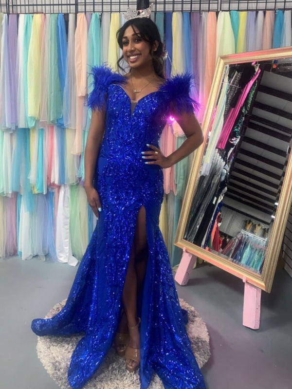 Ava Presley 38892 Royal Blue Sequin Fitted Dress with Slit - Size 6