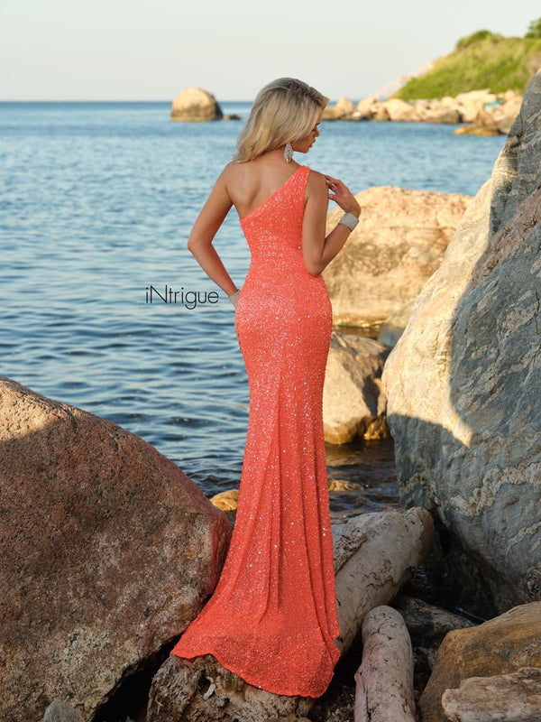 INTRIGUE by Blush Prom 918 ORANGE One Shoulder Sequin Sheath Dress with Train - Size 12