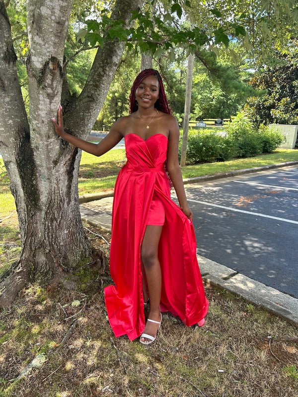J'Adore 16031 Red Satin Slim A-Line Dress with Slit