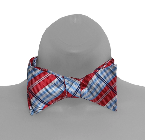 Red, White, Powder Blue and Navy Plaid Self Tie Bow Tie