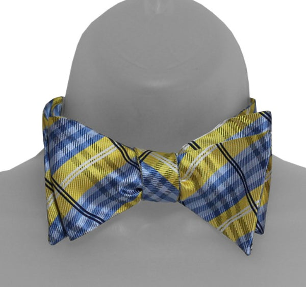 Yellow, Powder Blue, and Navy Plaid Self Tie Bow Tie