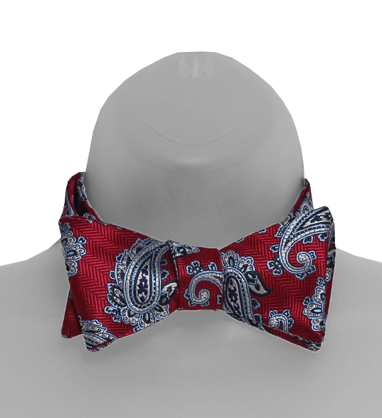 Steel Blue and Cream Paisley on Red Design Self Tie Bow Tie
