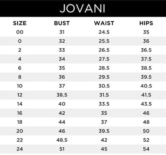 Size Chart for Jovani and JVN Dresses