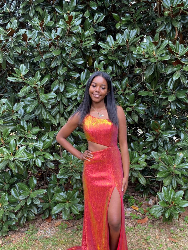 JVN by Jovani 22855 One Shoulder Iridescent Sequin Sheath Dress with Side Cutout and Slit - Red or Purple