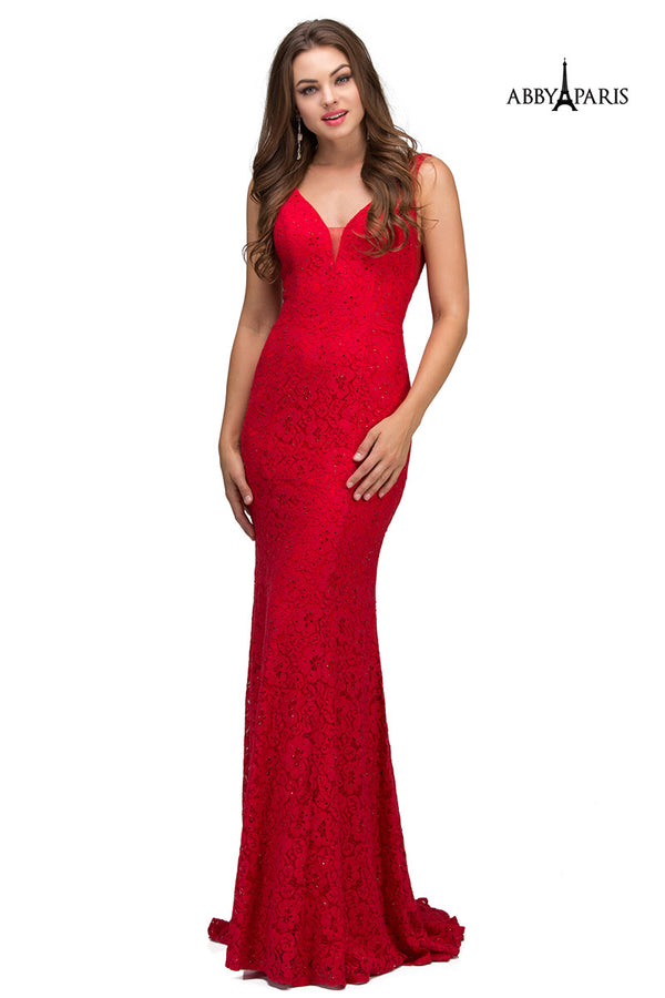 Lucci Lu 95130 Red V-Neck Fitted Lace Dress with Train - Size 8