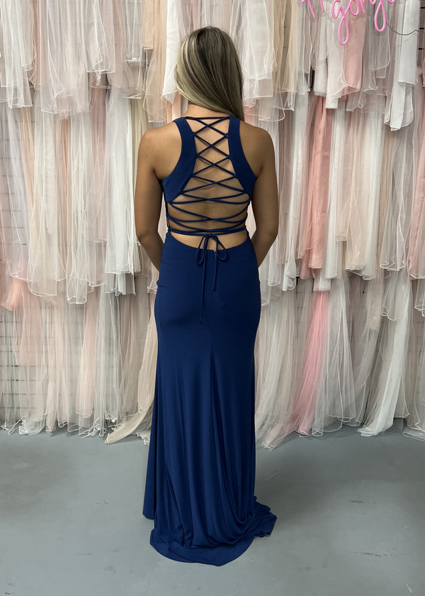 Lucci Lu 981028 Royal High Neck Lace Up Back Jersey Fitted Dress