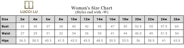 Lucci Lu Size Chart for Women's Size Dresses