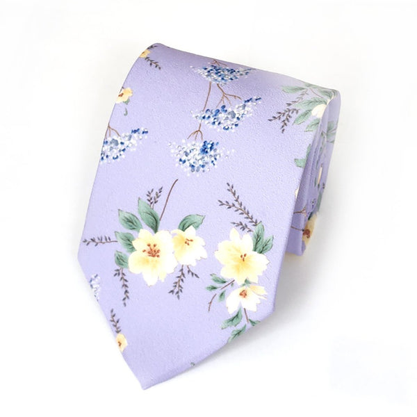 Lilac Floral Cotton Tie with Matching Pocket Square Set