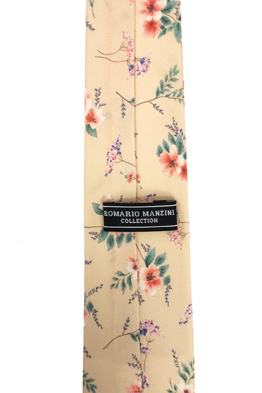 Sand Beige Cotton Floral Tie with Matching Pocket Square Set