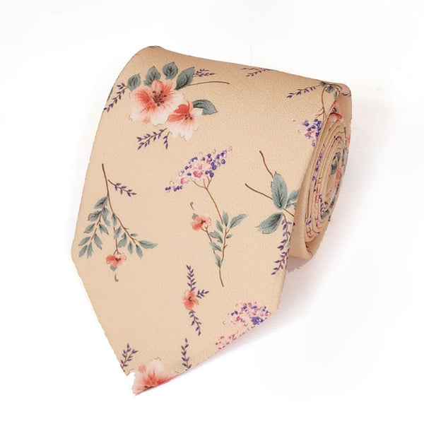Sand Beige Cotton Floral Tie with Matching Pocket Square Set