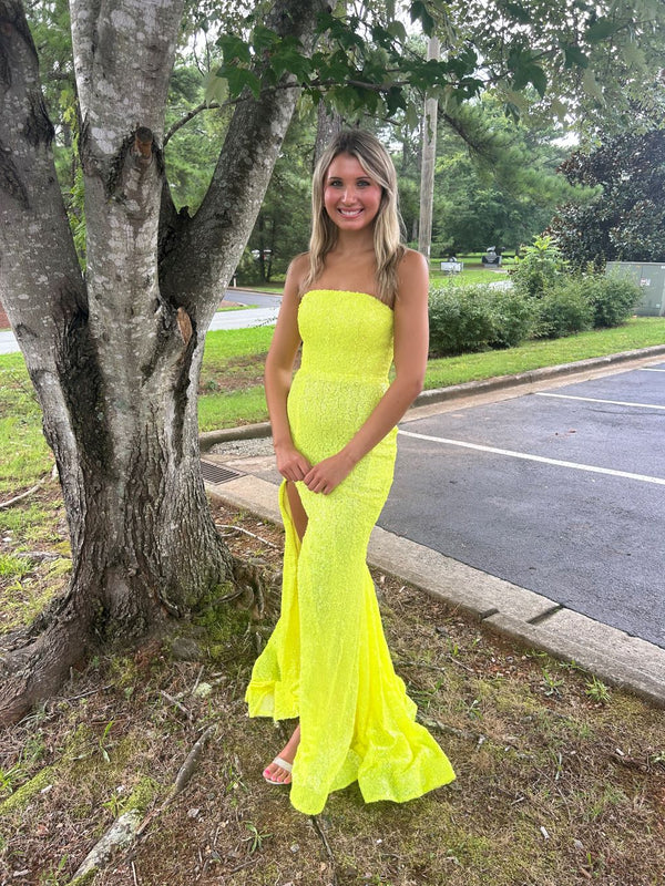 Portia & Scarlet PS22378 Strapless Sequin Dress with Slit - Hot Pink, Yellow, Blue or Lilac
