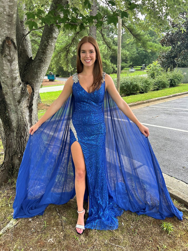 Portia & Scarlett PS22543 Glittering Fit-n-Flare Dress with Chiffon Shoulder Sash - Cobalt Blue, Hot Pink, Light Blue or Silver