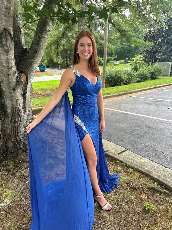 Portia & Scarlett PS22543 Glittering Fit-n-Flare Dress with Chiffon Shoulder Sash - Cobalt Blue, Hot Pink, Light Blue or Silver