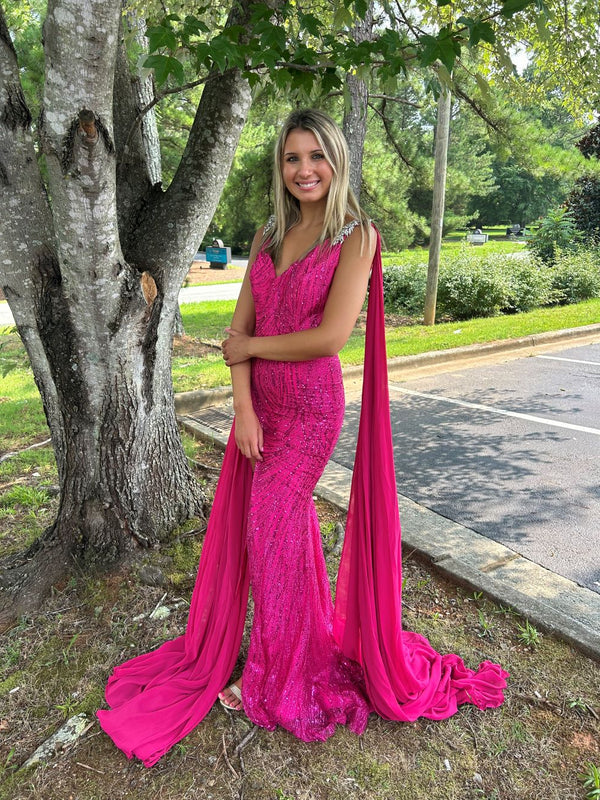 Portia & Scarlett PS22543 Glittering Fit-n-Flare Dress with Chiffon Shoulder Sash - Cobalt Blue, Hot Pink, Light Blue or Silver