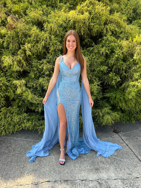 Portia & Scarlett PS22543 Glittering Fit-n-Flare Dress with Chiffon Shoulder Sash - Cobalt Blue, Hot Pink, Light Blue or Silver