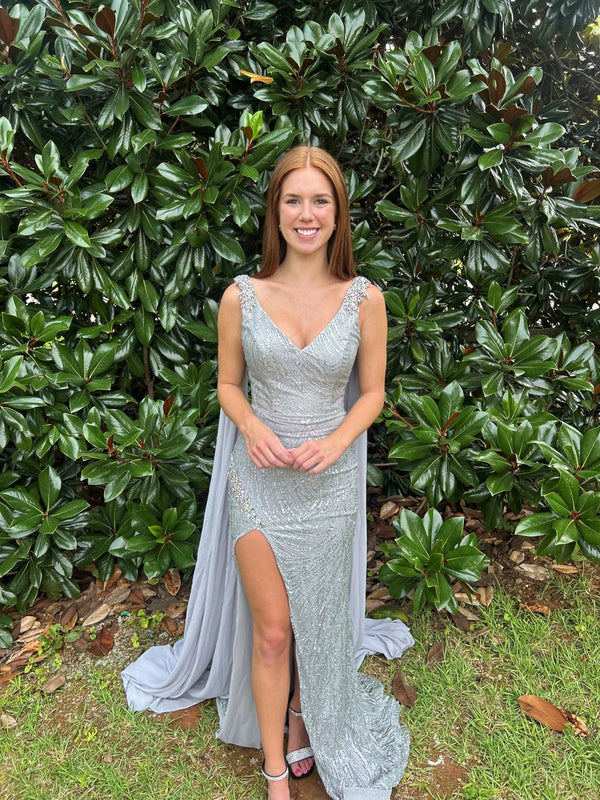 Portia & Scarlett PS22543 Glittering Fit-n-Flare Dress with Chiffon Shoulder Sash - Cobalt Blue, Hot Pink, Light Blue or Silver