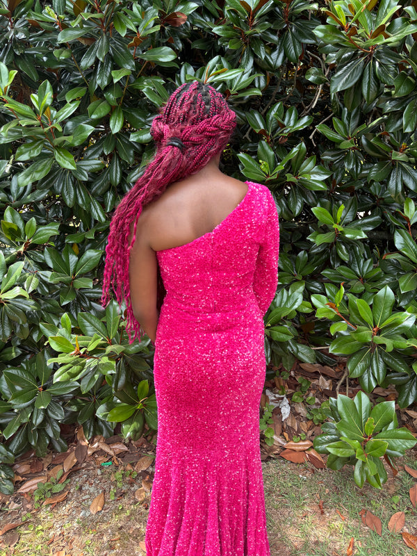 Portia & Scarlet PS22666 Fitted One Long Sleeve Sequin Dress with Train - Red, Cobalt Blue, Hot Pink, Lilac, Light Blue or Black