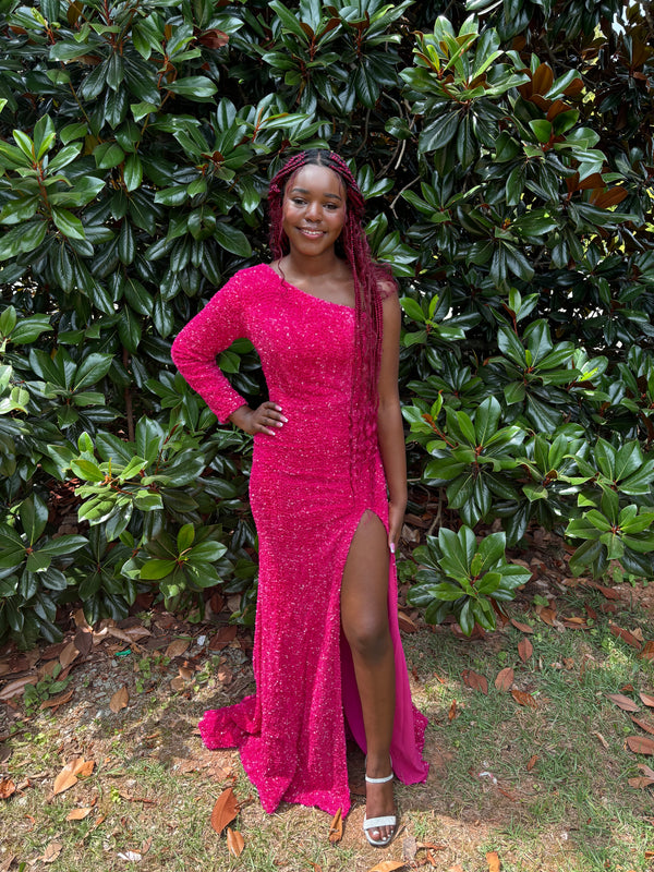 Portia & Scarlet PS22666 Fitted One Long Sleeve Sequin Dress with Train - Red, Cobalt Blue, Hot Pink, Lilac, Light Blue or Black