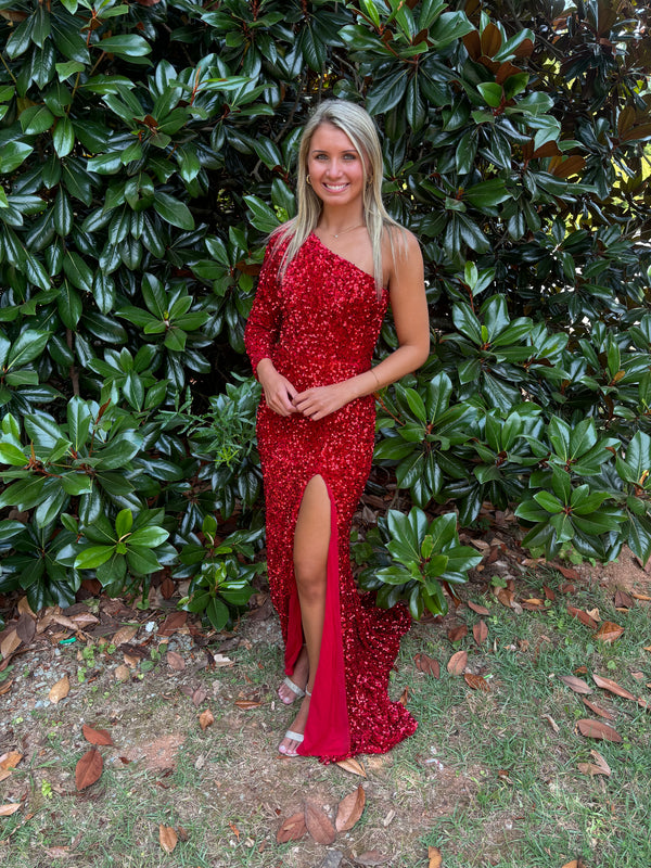 Portia & Scarlet PS22666 Fitted One Long Sleeve Sequin Dress with Train - Red, Cobalt Blue, Hot Pink, Lilac, Light Blue or Black