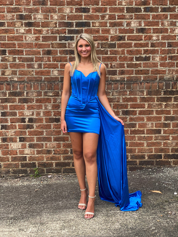 Portia & Scarlet PS23103 Corset Cocktail Dress with Side Skirt - Black, Cobalt Blue, Hot Pink or Red