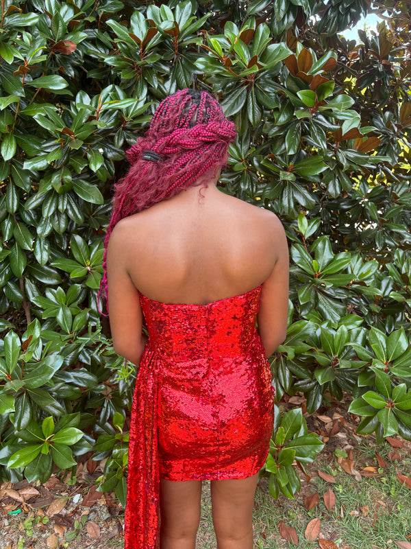 Portia & Scarlett PS23130 Sequined Mini Dress with Side Sash Train - Red or Black