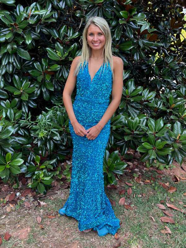 Portia & Scarlett PS23519 Turquoise Sequin V-Neckline Fitted Dress with Train