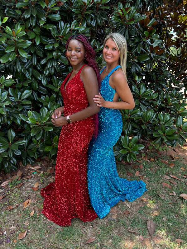Portia & Scarlett PS23519 Turquoise Sequin V-Neckline Fitted Dress with Train