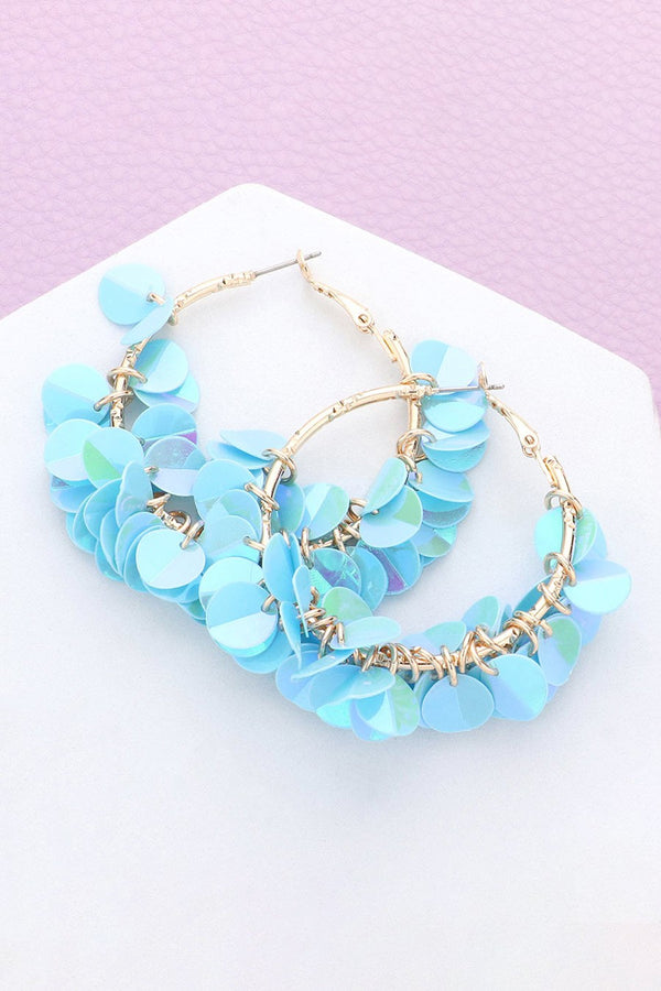 Sequin Petal Cluster Hoop Earrings - Iridescent AB, Light Blue or Hot Pink