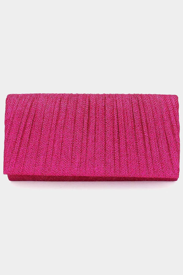 Fuchsia Pink Pleated Shimmery Evening Clutch with Detachable Chain Strap